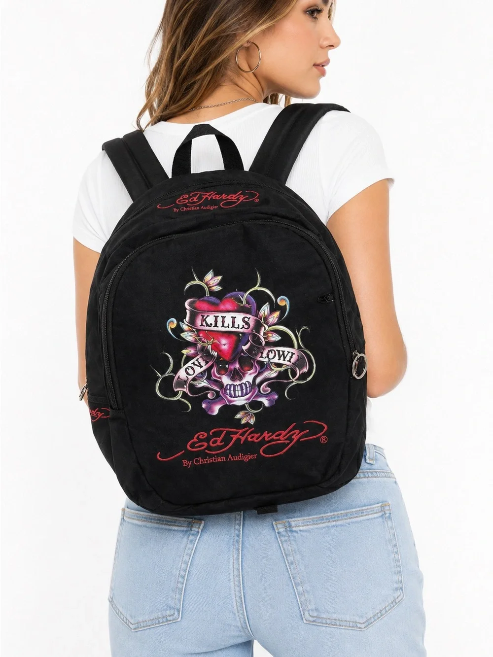 Ed Hardy Love Kills Slowly Skull Black  Y2K Vintage Backpack Unisex